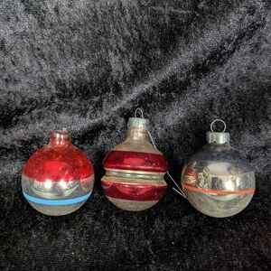 3 Vintage MCM Orange Red Blue 2 Inch Stripe Ornaments